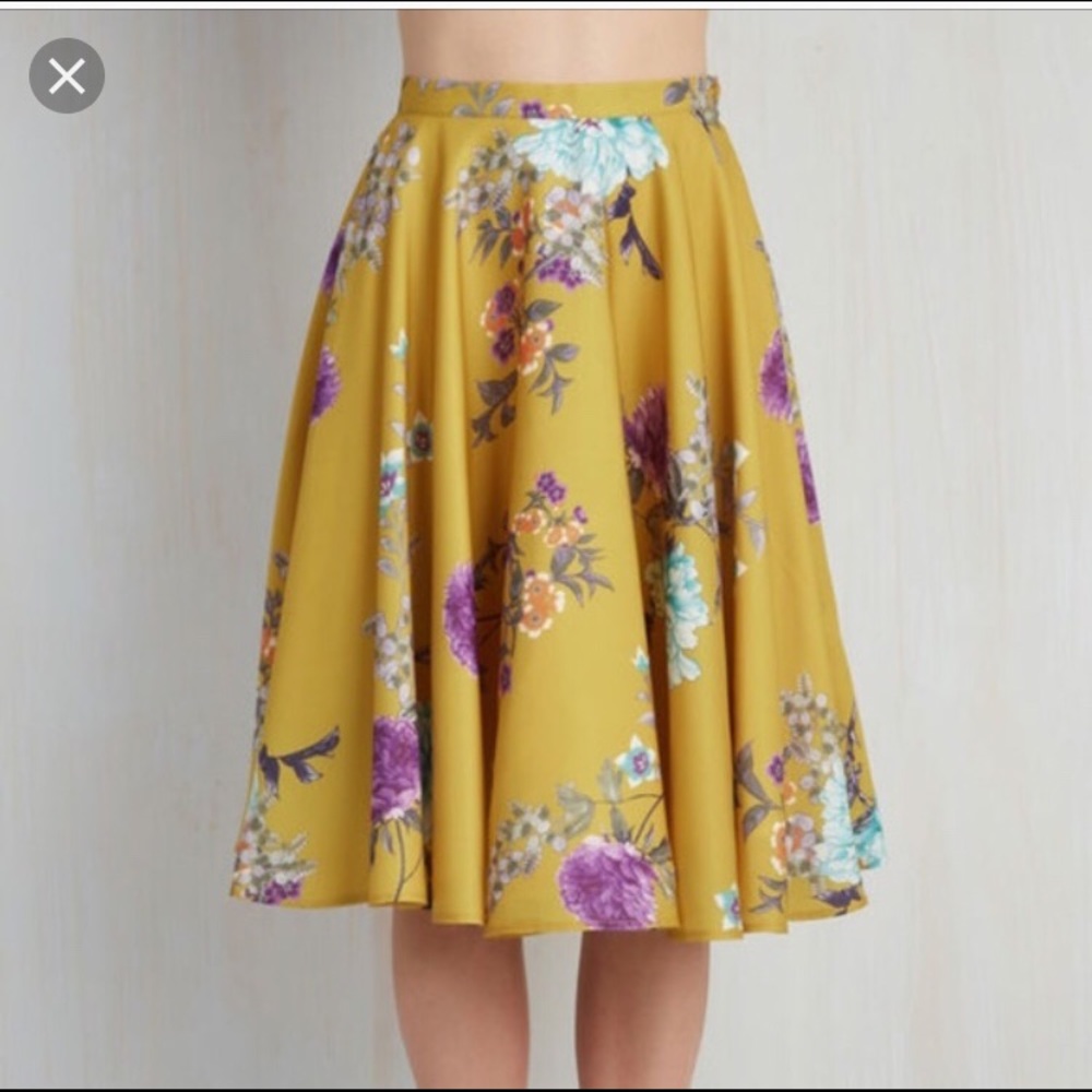 ModCloth Mustard Ikebana for all floral skirt